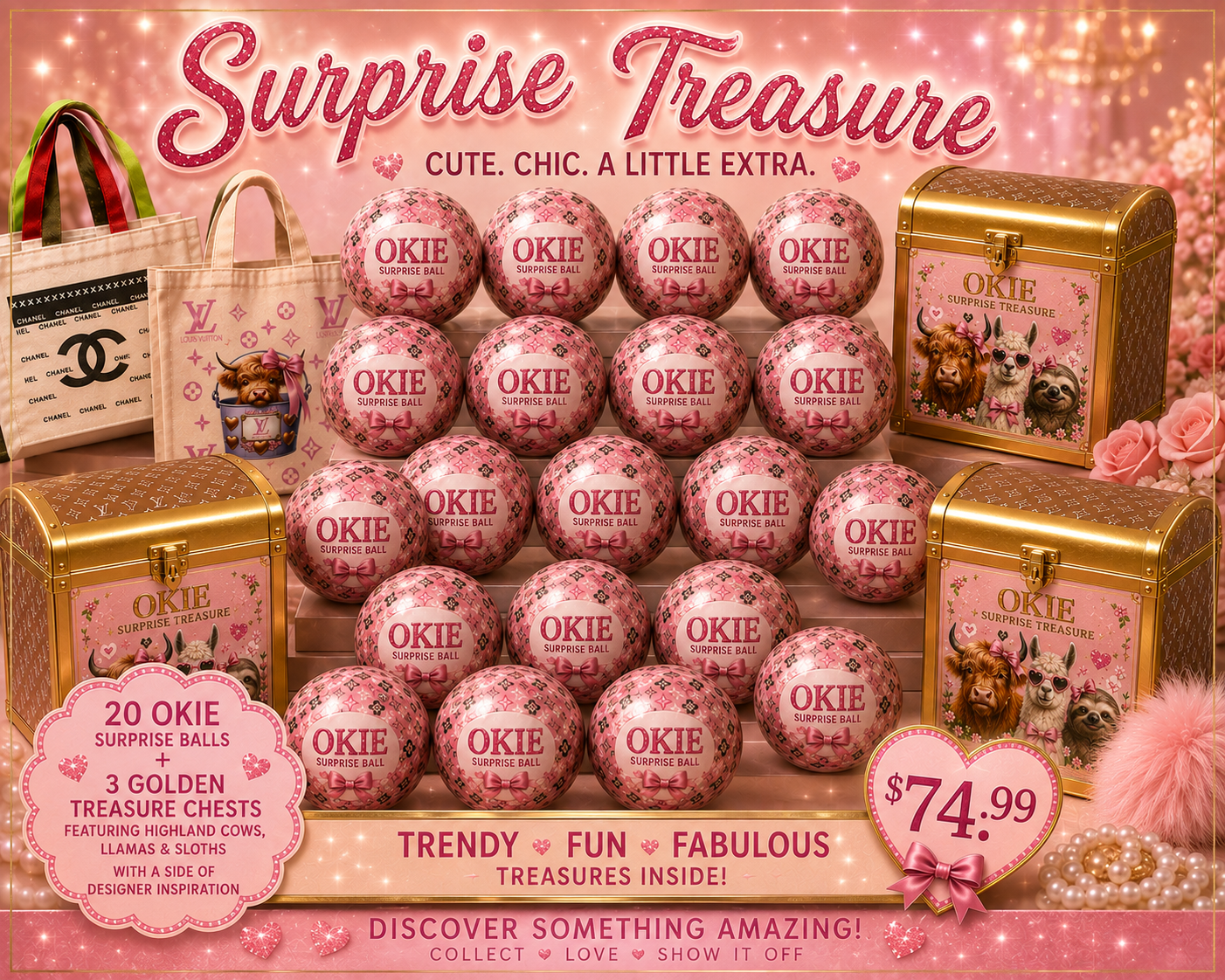 20 OKIE SURPRISE BALLS AND 3 GOLDEN TREASURE CHESTS