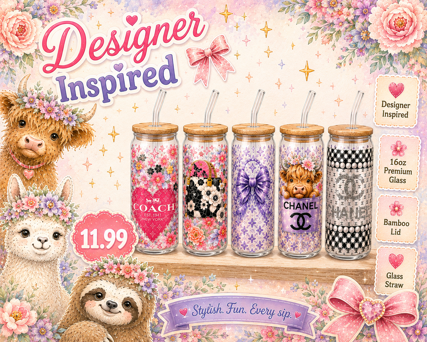 Designer Inspired 16oz Glass with lid and straw